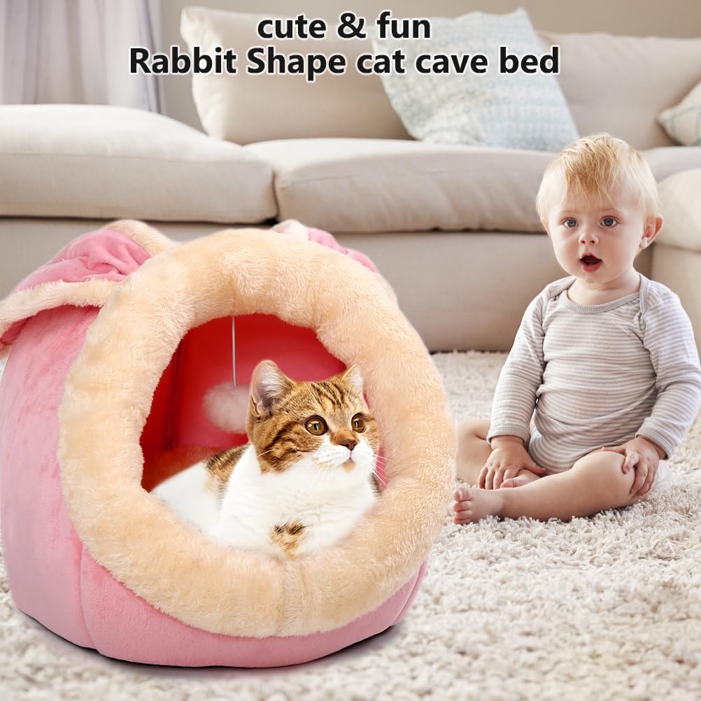 Lcybem Cat Beds for Indoor Cats - Rabbit-Shaped Cat Cave Bed with Hanging Toy,Super Soft Calming cat Tent for Kitten&Puppy,Small Dog,Warm Plush&Machine Washable&Removable Cotton Pad (Pink L) - Pet Explorer