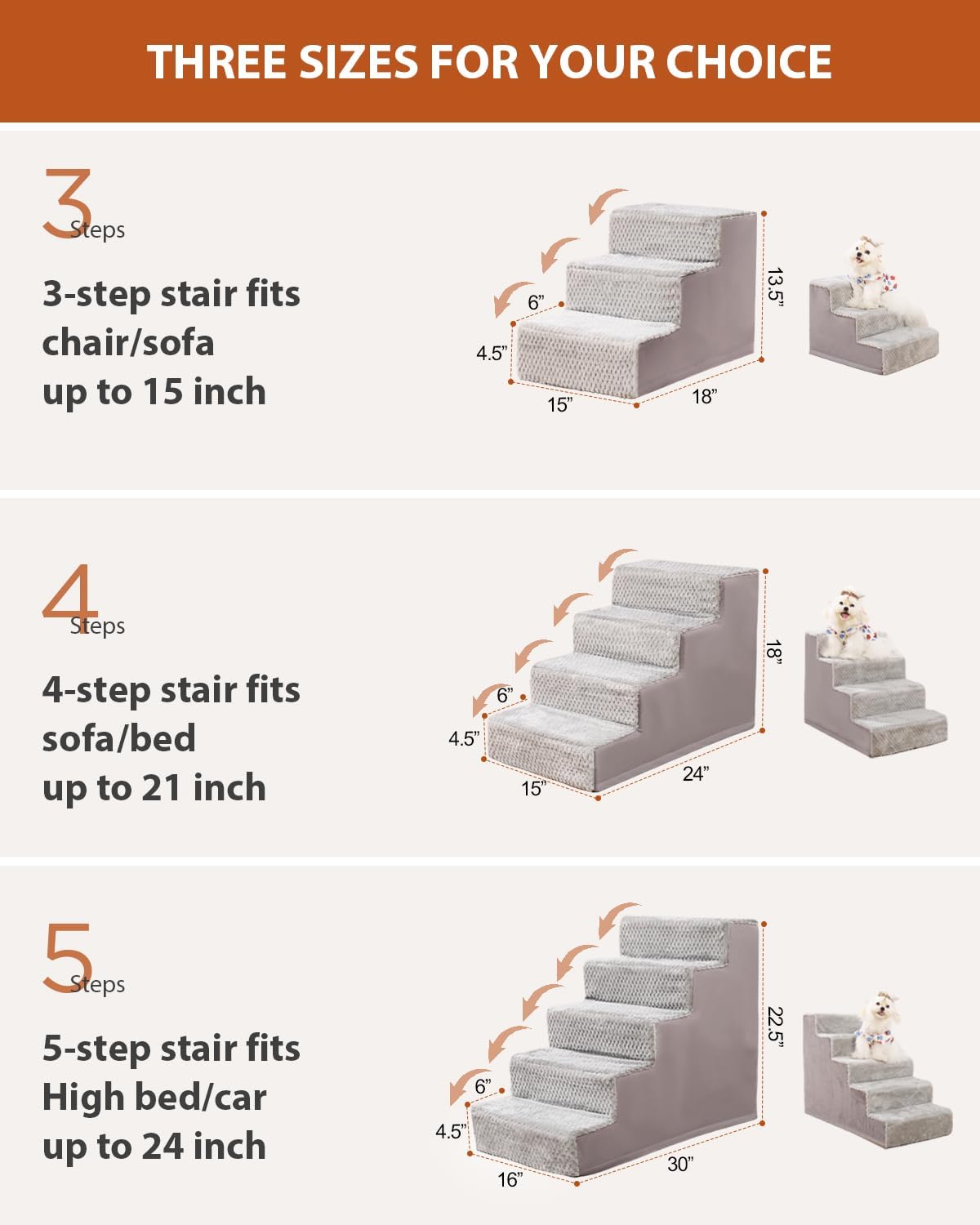 Dog Stairs for Small Dogs,17.5" H,4-Step Dog Steps for High Bed Couch and Sofa,Pet Stairs for Dogs and Cats Climbing with Non-Slip Bottom and Washable Cover,Light Grey - Pet Explorer