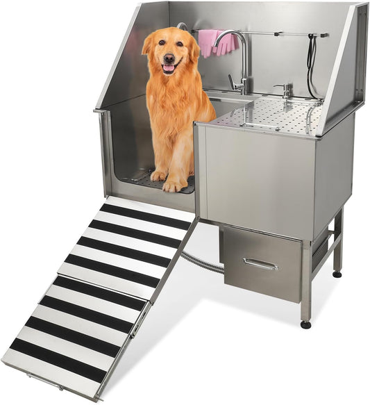 50" Dog Washing Station, Professional Stainless Steel Pet Dog Bathing Station with Ramp, Faucet, Storage Drawer, Floor Grate Dog Bathtub for Large, Medium, Small Pets (Left Ramp) - Pet Explorer