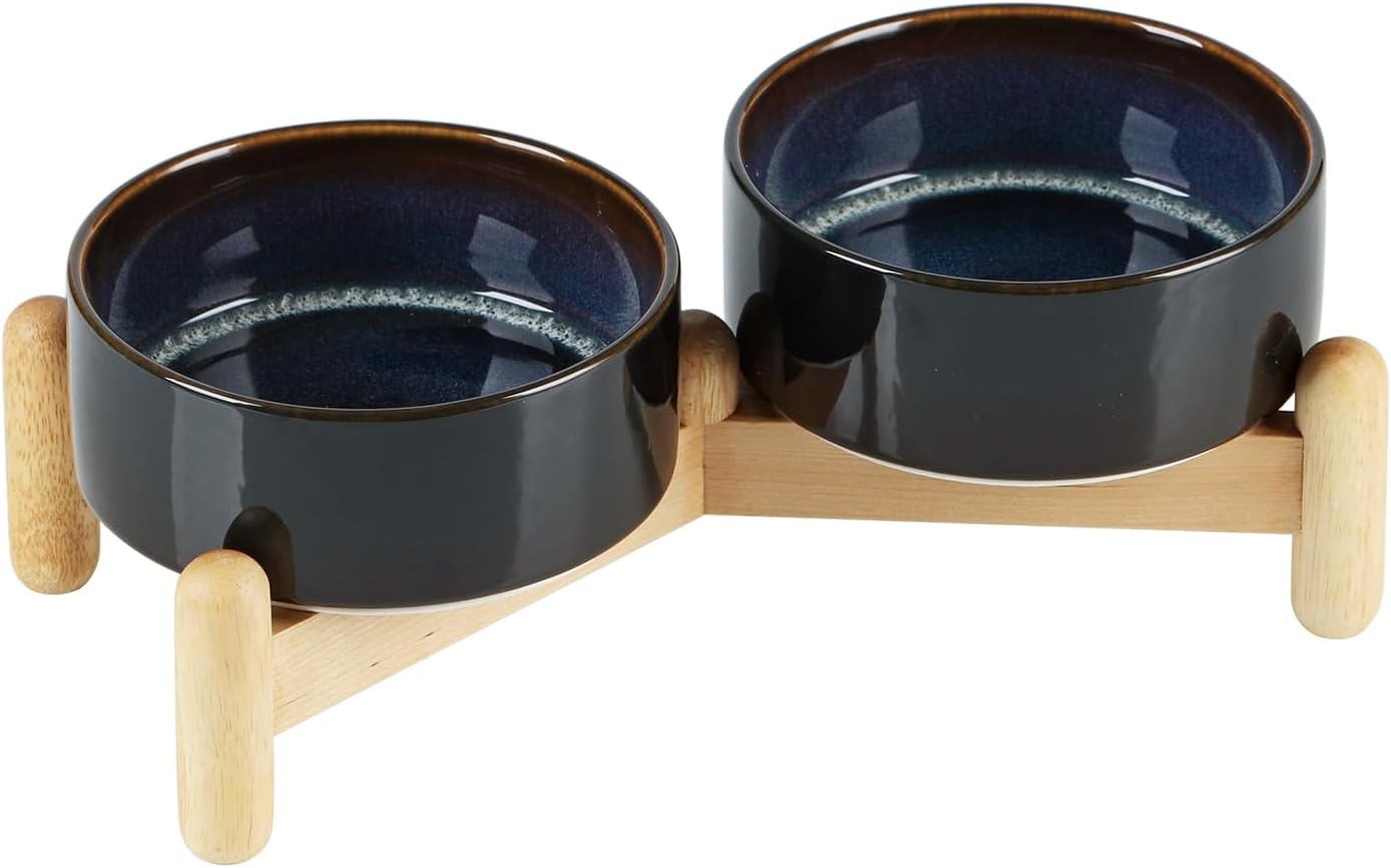 Ceramic 5.1inch Raised Double Bowls Set with Wooden Stand, Elevated Food & Water Bowls for Small Breed Dogs, Cats, Kitty, Weighted Dog Dishes, Pet Bowls(13.5oz, Starry Sky) - Pet Explorer