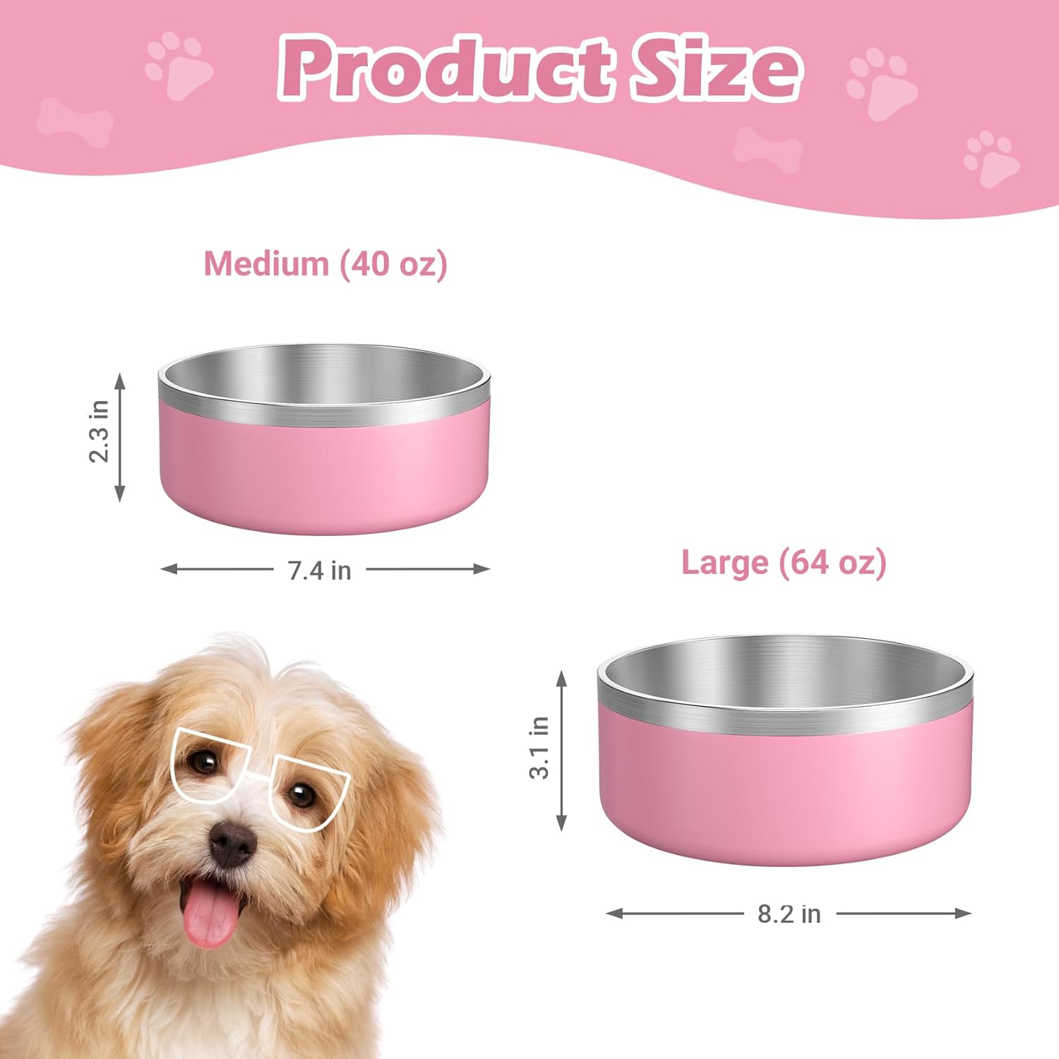 LIANLAI Dog Bowls, Rust-Resistant Stainless Steel Dog Bowls, Non-Slip Double-Walled Pet Dishes, Dishwasher Safe (Pink，40 oz) - Pet Explorer