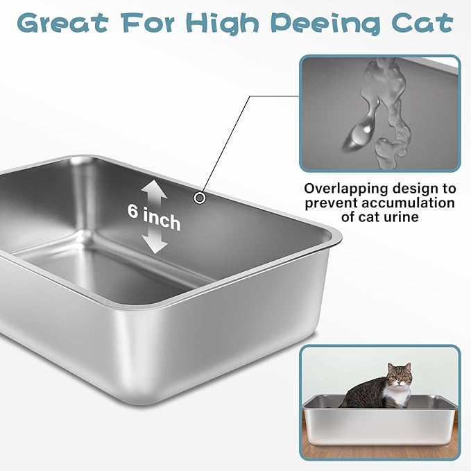 Stainless Steel Litter Box, 17.7"x13.8"x6" Medium to Large Metal Litter Box for Kitty/Cat/Rabbits, Easy to Clean, Non Stick Litterbox No Smell for Adult Cats