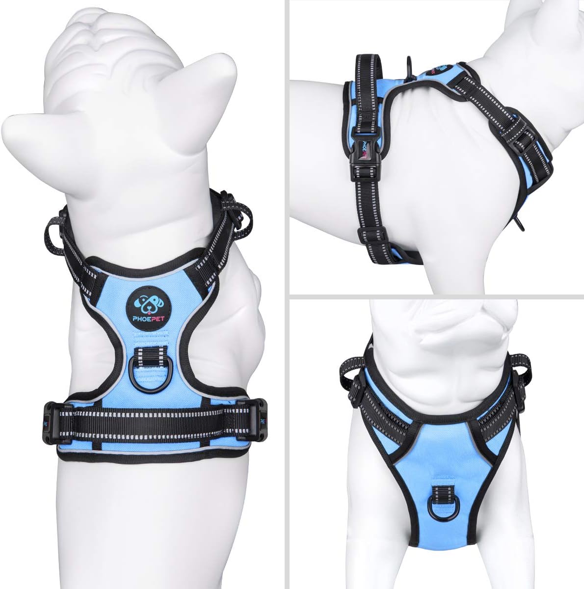 PHOEPET No Pull Dog Harness Reflective Adjustable with 2 Metal Leash Hooks and Soft Training Handle [Over The Head Design](S, Baby Blue) - Pet Explorer