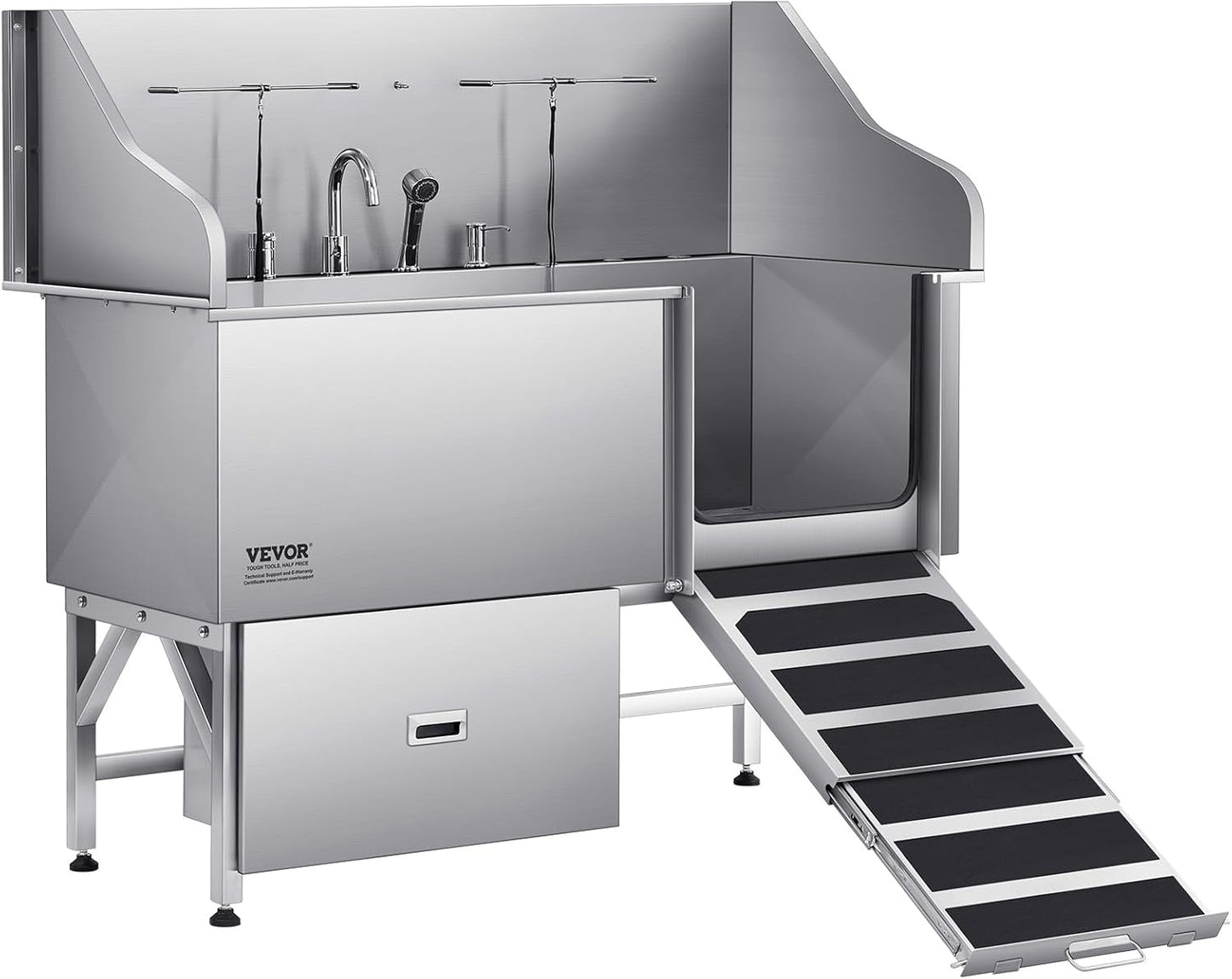VEVOR Professional 304 Stainless Steel Dog Bathing Station, 61 inch Pet Grooming Tub w/Anti-Slip ramp, Storage Drawer, Cold Hot Faucet Showerhead for Large & Medium & Small (Right Door, with Drawer) - Pet Explorer