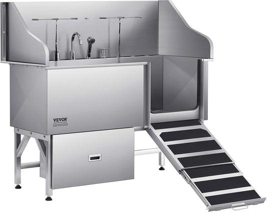 VEVOR Professional 304 Stainless Steel Dog Bathing Station, 61 inch Pet Grooming Tub w/Anti-Slip ramp, Storage Drawer, Cold Hot Faucet Showerhead for Large & Medium & Small (Right Door, with Drawer) - Pet Explorer