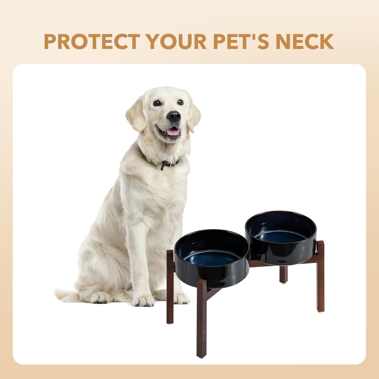 Ceramic 8.2inch Raised Double Dog Bowls Set with Acacia Wood Stand, Food & Water Bowls for Large Breed Dogs, Weighted Pet Dishes(60oz, Starry Sky) - Pet Explorer
