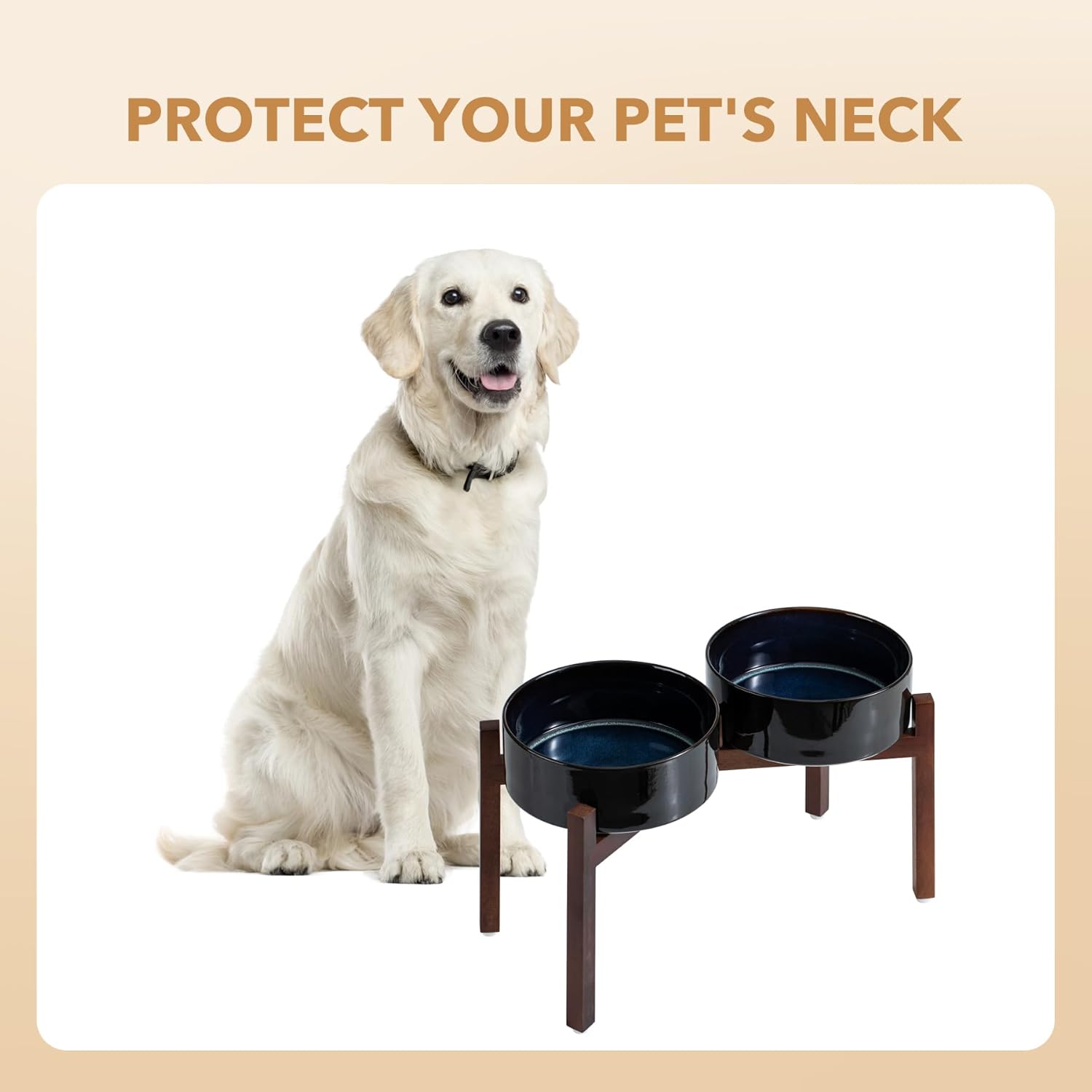 Ceramic 8.2inch Raised Double Dog Bowls Set with Acacia Wood Stand, Food & Water Bowls for Large Breed Dogs, Weighted Pet Dishes(60oz, Starry Sky) - Pet Explorer