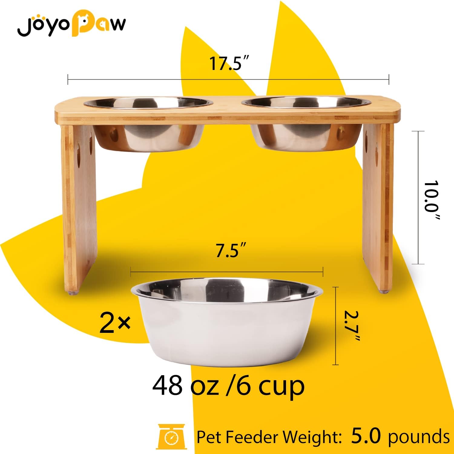 Elevated Dog Bowls, Bamboo Raised Dog Bowl for Large Dogs & Medium Dogs, with 2 Stainless Steel Bowls (10'' Tall–48 oz Bowl) - Pet Explorer