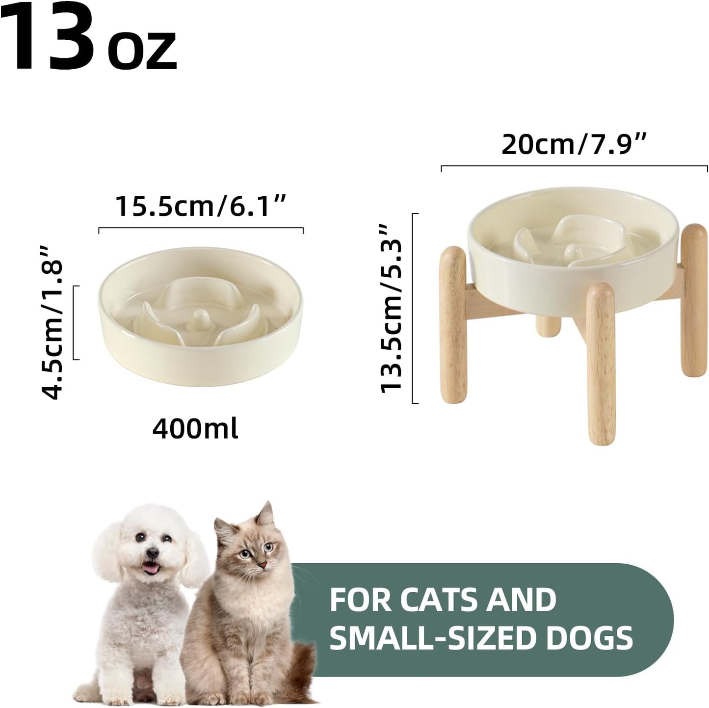 6.1inch Ceramic Raised Dog Slow Feeder Set, Elevated Bowl with Wooden Stand for Small Dog and Cat, Puzzle Slow Dog Food Dish, Anti-Gulping(Beige, Single Bowl+ Stand) - Pet Explorer