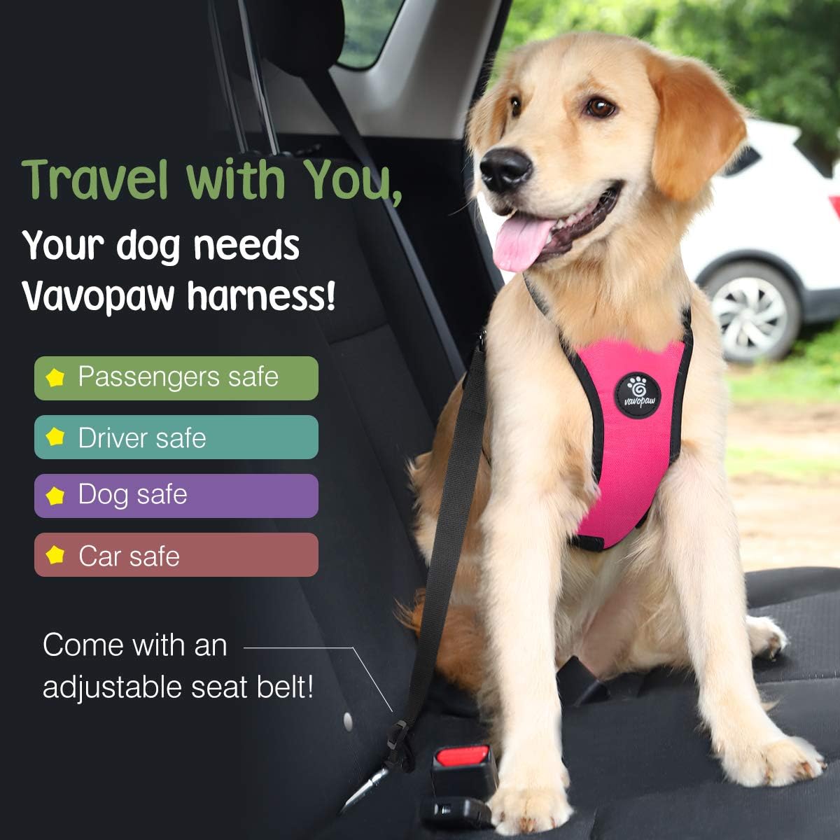 Dog Seat Belt, Safety Vest Dog Car Harness with Adjustable Buckle Dog Seat Belt for Vehicle Nylon Pet Safety Seat Belts Heavy Duty(XL, Magenta) - Pet Explorer