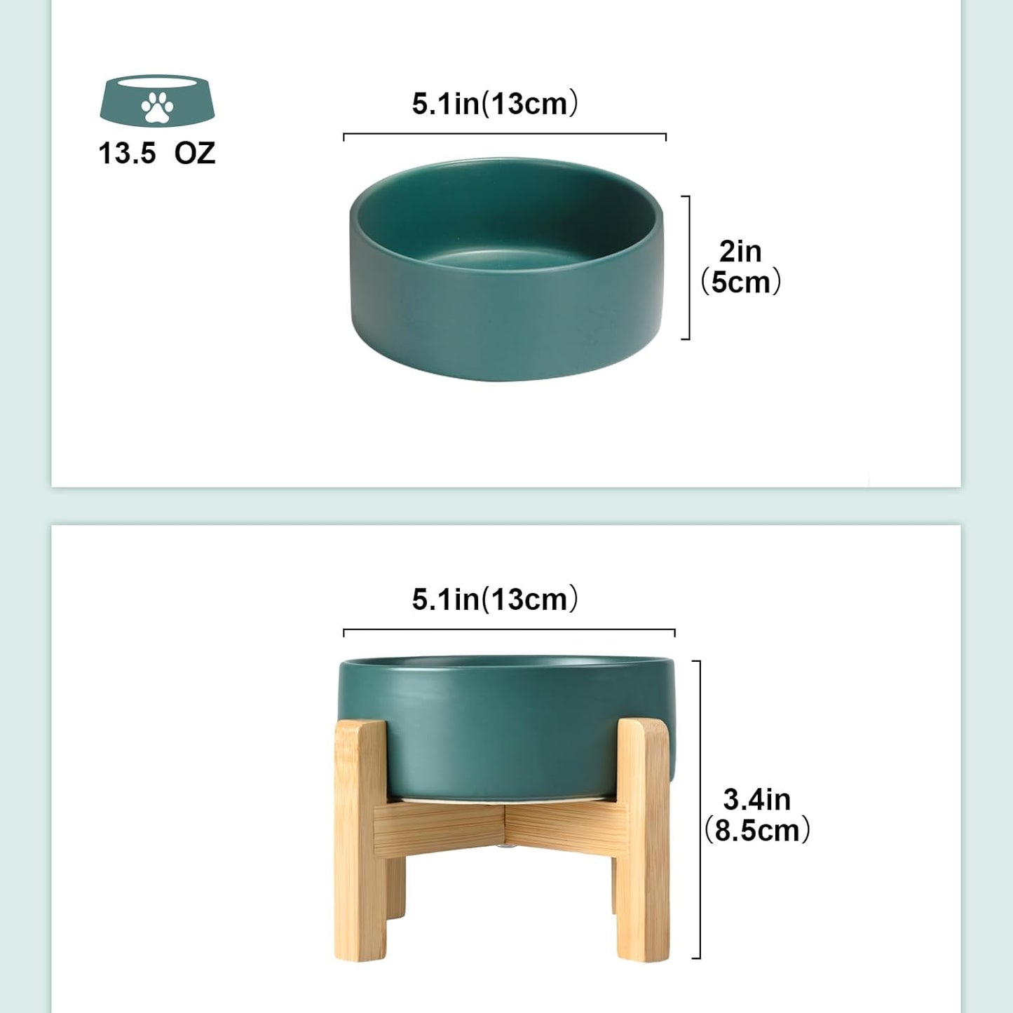 SPUNKYJUNKY Ceramic Elevated Dog Bowls 2 Pack - 5.1inch Raised Dog Bowls with Non-Slip Wooden Stand for Small Dogs Dishwasher Safe(Green,13.5OZ*2) - Pet Explorer