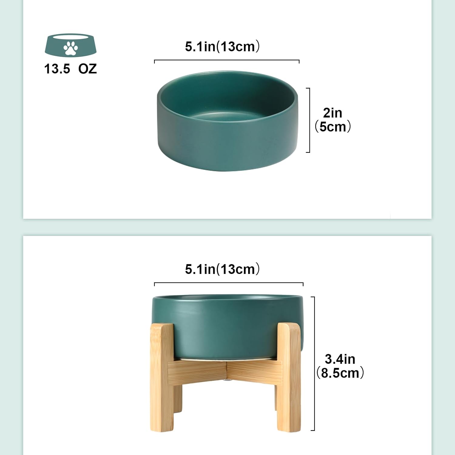 SPUNKYJUNKY Ceramic Elevated Dog Bowls 2 Pack - 5.1inch Raised Dog Bowls with Non-Slip Wooden Stand for Small Dogs Dishwasher Safe(Green,13.5OZ*2) - Pet Explorer