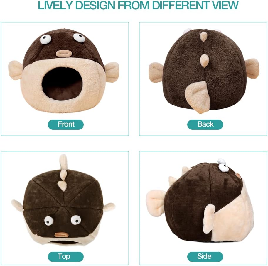 Cat Beds for Indoor Cats - Cat Bed Cave with Removable Washable Cushioned Pillow, Soft Plush Premium Cotton No Deformation Pet Bed, Lively Pufferfish Cat House Design, Brown, Multiple Sizes(L) - Pet Explorer