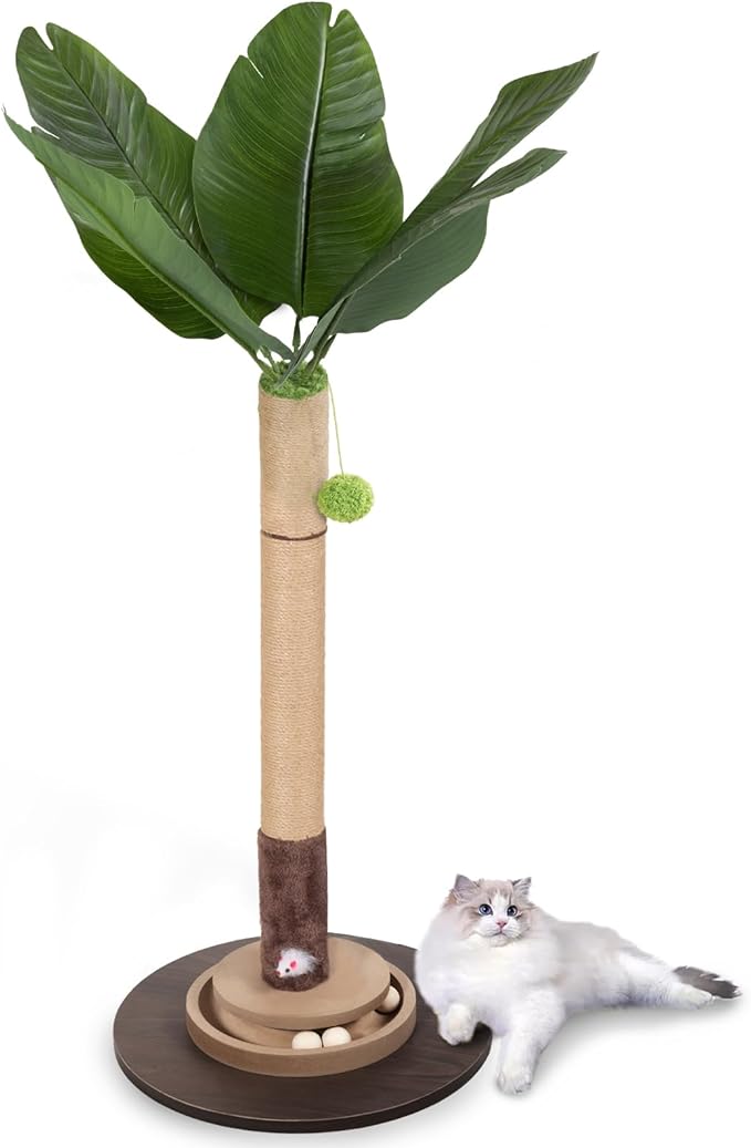 Cat Scratching Post, 35 Inch Tall Cat Scratcher Cat Tree Tower with Hanging Ball for Indoor Cats Adults,Bird of Paradise Plant Sisal Rope Kitten Scratch with Interactive Mouse Cat Toy