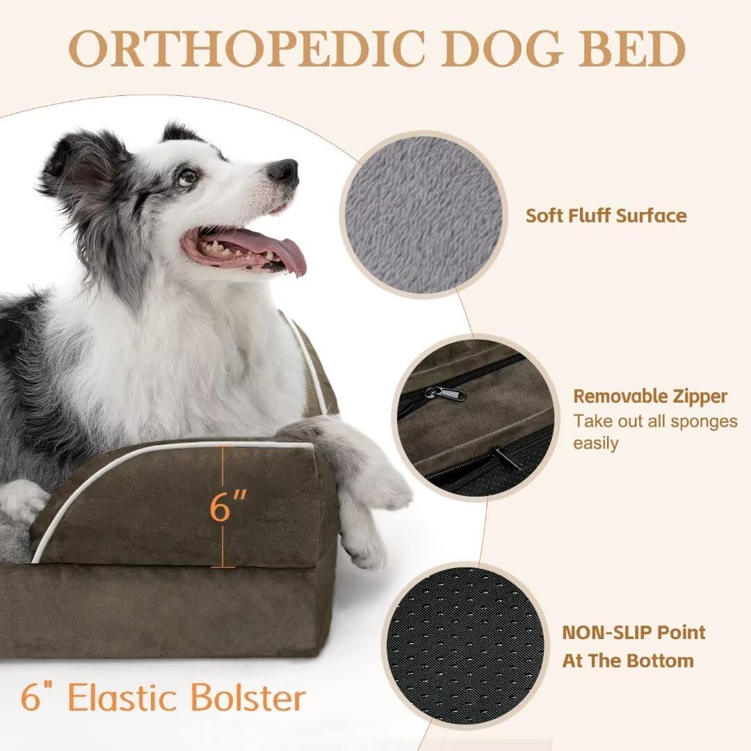 Comfort Expression XXL Dog Beds Memory Foam, Orthopedic Dog Beds for Extra Large Dogs, Waterproof Dogs Bed, Washable Pet Sofa Couch with Bolster & Removable Cover(XX-Large,Olive Green) - Pet Explorer