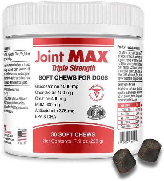 PHS Joint MAX Triple Strength (TS) Soft Chews for Dogs - Glucosamine, Chondroitin, MSM, Turmeric, Omega 3 - Hip and Joint Pain Relief and Support for Dogs - Made in USA - 30 Soft Chews - Pet Explorer