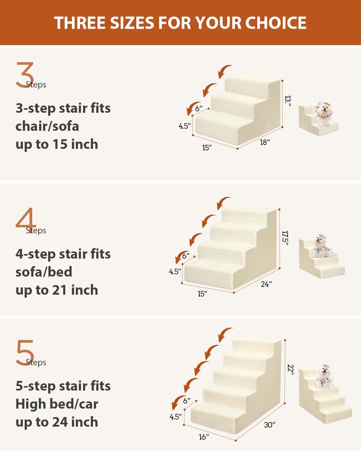Dog Stairs for Small Dogs,13" H,3-Step Dog Steps for High Bed,Couch,Pet Stairs for Dogs and Cats Climbing with Non-Slip Bottom and Washable Cover,Beige - Pet Explorer