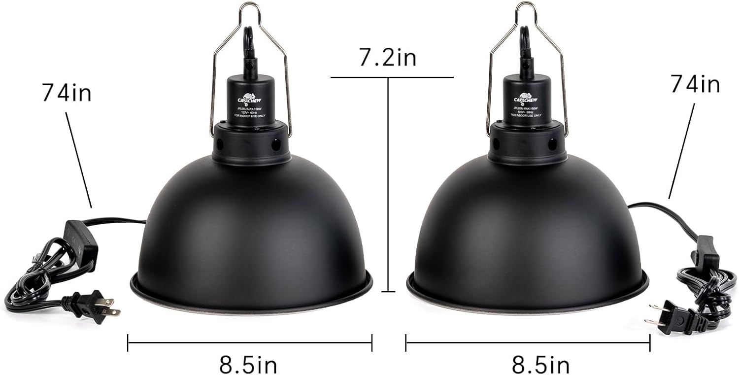2 Pack Reptile Light Fixture, 8.5in Deep Dome Reptile Lamp Fixture, Optical Reflection Cover, Separate Switche & Hook, Terrarium Light Fixture for Reptile Heat Basking UVB Bulbs, 150W, Black - Pet Explorer