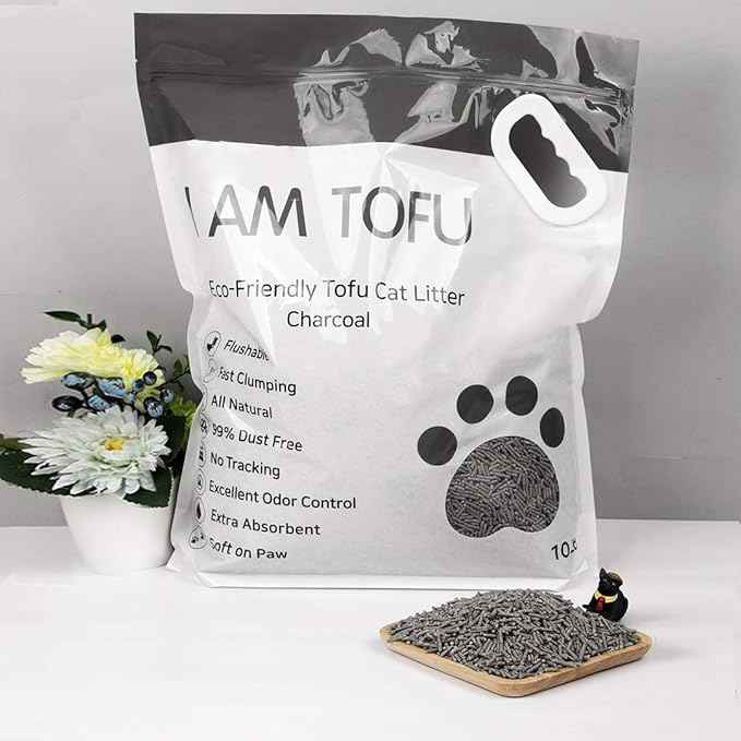 I AM TOFU - Natural Flushable Tofu Cat Litter, Low Dust Lightweight Clumping Litter, Odor Control (10 lb Bag, Charcoal)