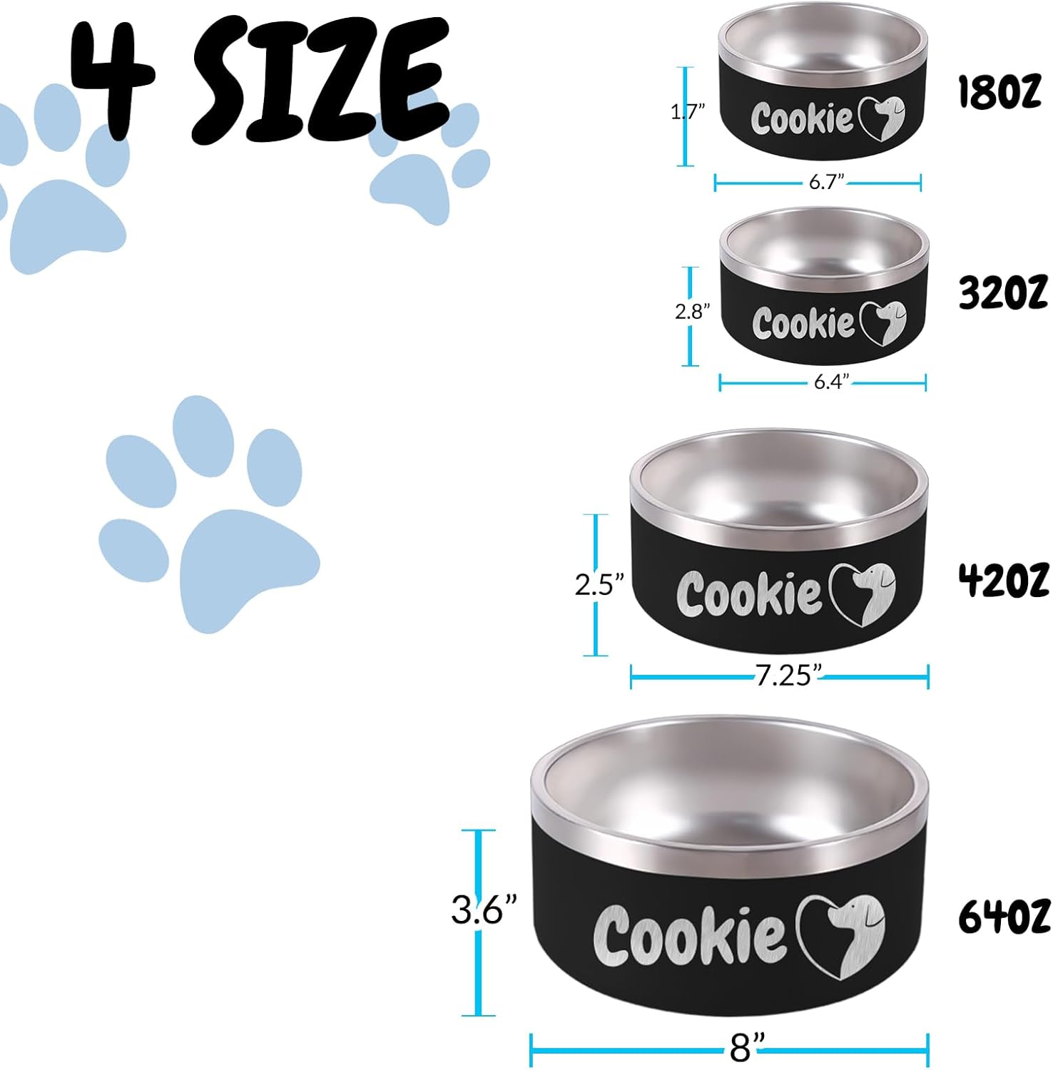 Personalized Dog Bowl Laser Engraved Custom Pet Name 18/32/42/64 oz No Slip Stainless Steel Insulated Bite-Resistant Food Water Dishes-Navy - Pet Explorer