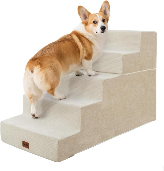 Made4Pets Dog Stairs for High Bed, Extra Wide Pet Stairs for Bed Couch Sofa, 35D Foam Pet Steps for Small Dogs and Cats, Non-Slip Bottom Dog Steps, Beige, 5 Steps - Pet Explorer