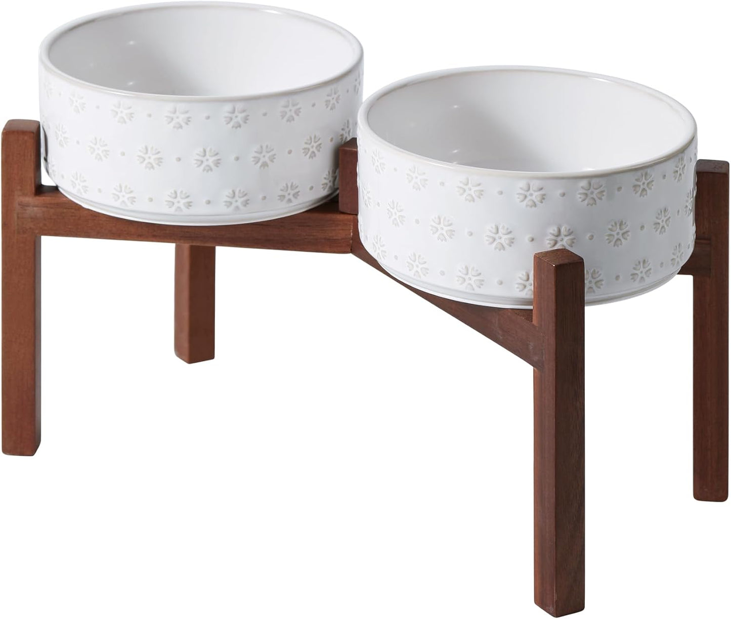 8.2inch Ceramic Raised Double Bowls Set with Acacia Wooden Stand, Food & Water Bowls for Large Breed Dogs, Weighted Dog Dishes, Pet Bowl(60OZ, Arctic White) - Pet Explorer