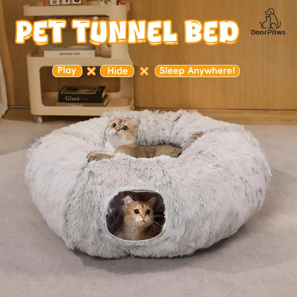 Cat Tunnel with Bed for Indoor Use Under Christmas Tree Soft Plush Cat Cave Donut Tunnel, Multifunctional Playground Toys Hideplace for Kittens, Rabbit, Ferret (Grey) - Pet Explorer
