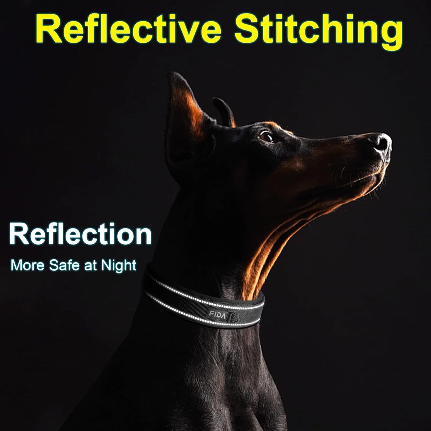 Fida Heavy Duty Dog Collar 1.5” Width, Ultra Soft Neoprene Padded, Adjustable Reflective Nylon Pet Collar with Two Metal Pin Belt Buckle for Large/X-Large Breeds (XL, Black)