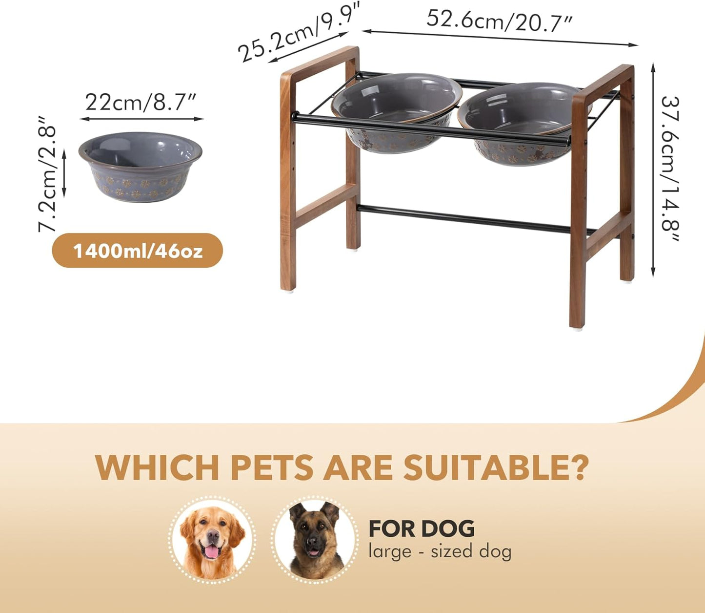 8.7inch Ceramic Adjustable Raised Double Bowls Set with Stand, 3 Heights Elevated, 2 Placement Options,Food and Water Dishes for Large Dog(Double Bowls+Stand, Reactived Glaze -Grey) - Pet Explorer
