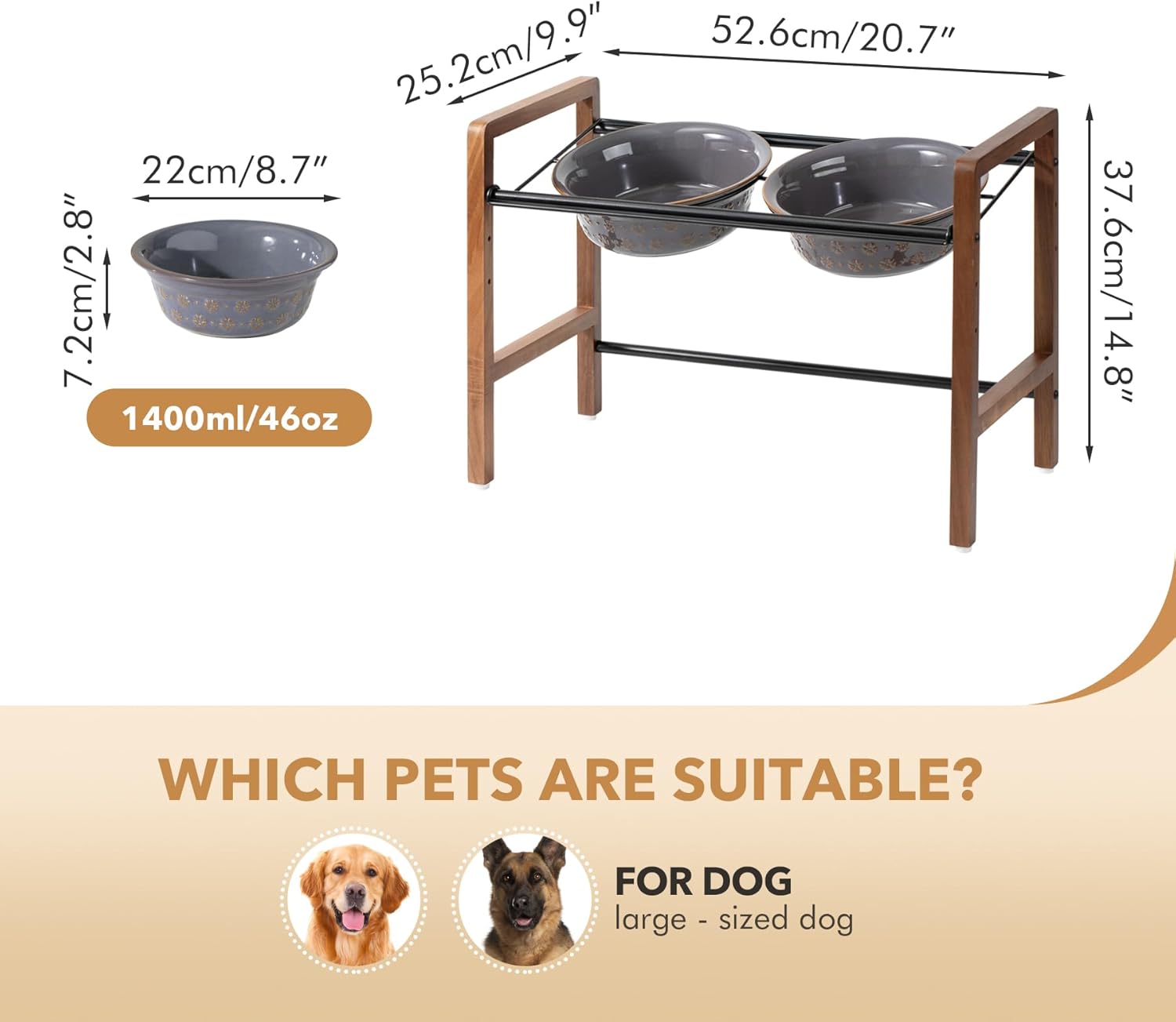 8.7inch Ceramic Adjustable Raised Double Bowls Set with Stand, 3 Heights Elevated, 2 Placement Options,Food and Water Dishes for Large Dog(Double Bowls+Stand, Reactived Glaze -Grey) - Pet Explorer