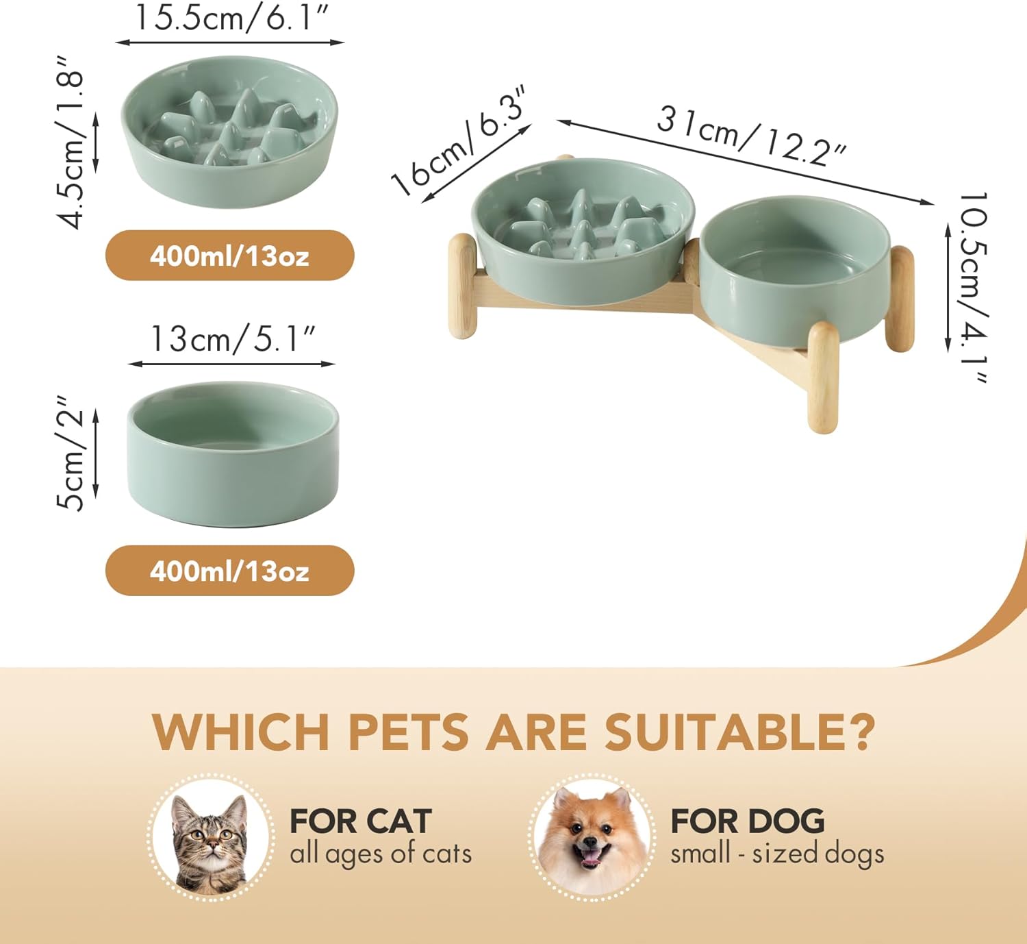 Ceramic Raised Slow Feeder Dog Bowl Set, Elevated 5.1inch Bowl and 6.1inch Slow Pet Food Dish with Wooden Stand for Small Dog and Cat (2 x Light Green+ Stand) - Pet Explorer