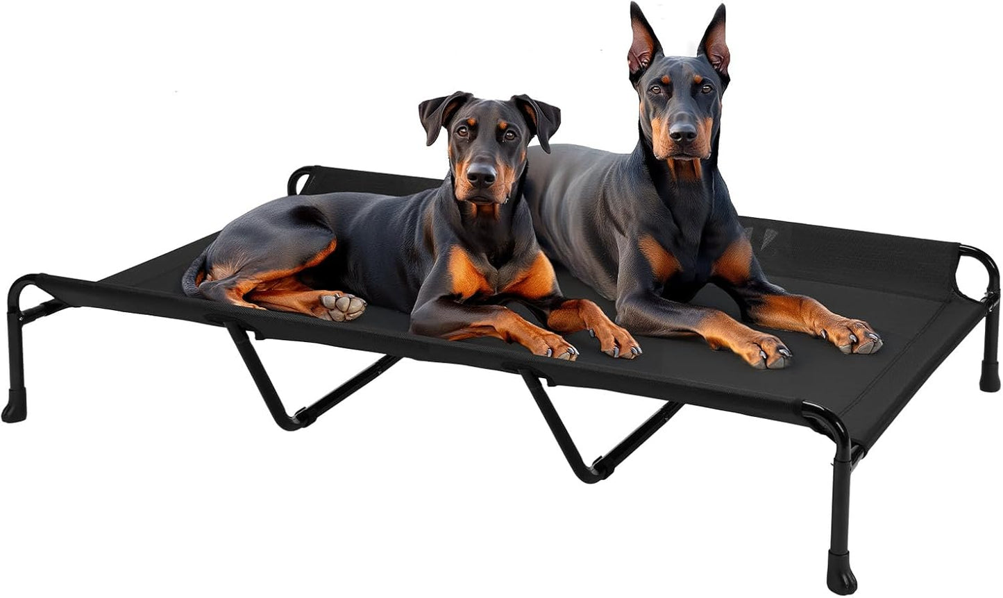 Veehoo Cooling Elevated Dog Bed, 59" x 37" Raised Dog Beds for Large Dogs, Outdoor Dog Bed with Guardrail, Upgraded Non-Slip Feet, Breathable Teslin Mesh, Portable Camping Dog Cot, Black - Pet Explorer