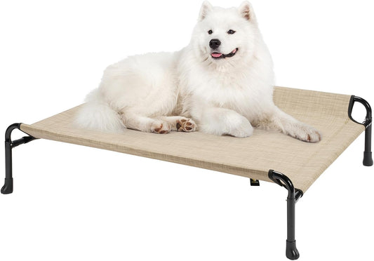 Veehoo Elevated Dog Bed, Cooling Raised Dog Bed with Guardrail & Headrest, Upgraded Non-Slip Silicon Feet, Breathable Teslin Mesh, Portable Pet Cot for Indoor and Outdoor, 35 x 22 Inches, Beige Coffee - Pet Explorer