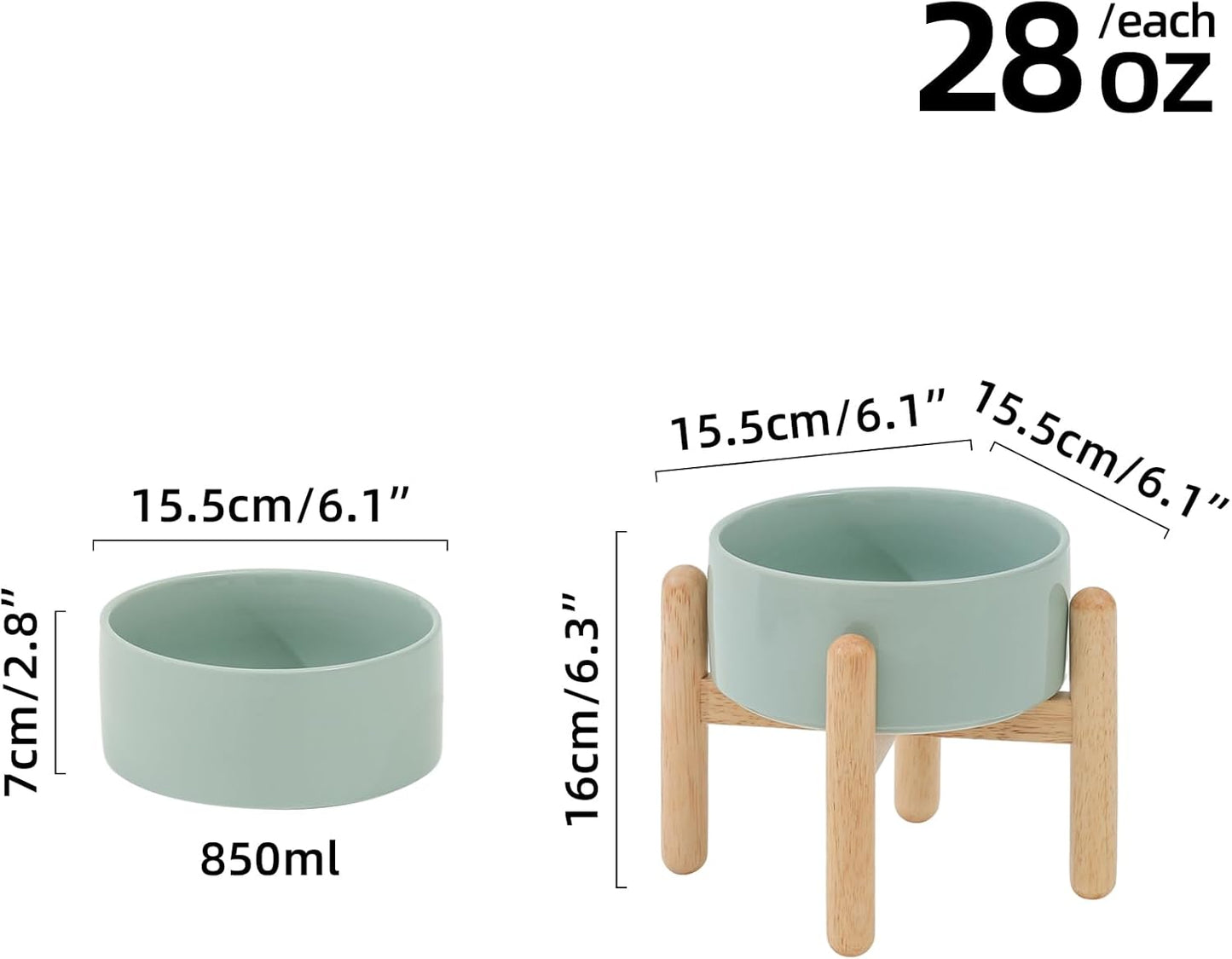 Ceramic 6.1inch Raised Dog Bowl with Stand for Small and Medium Dog Dish Pet Food and Water Bowl (Single Bowl with Stand - Light Green) - Pet Explorer