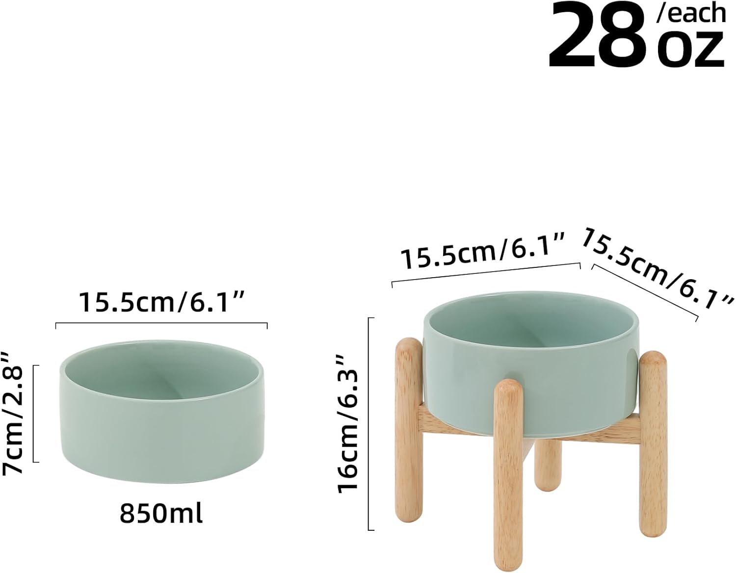Ceramic 6.1inch Raised Dog Bowl with Stand for Small and Medium Dog Dish Pet Food and Water Bowl (Single Bowl with Stand - Light Green) - Pet Explorer