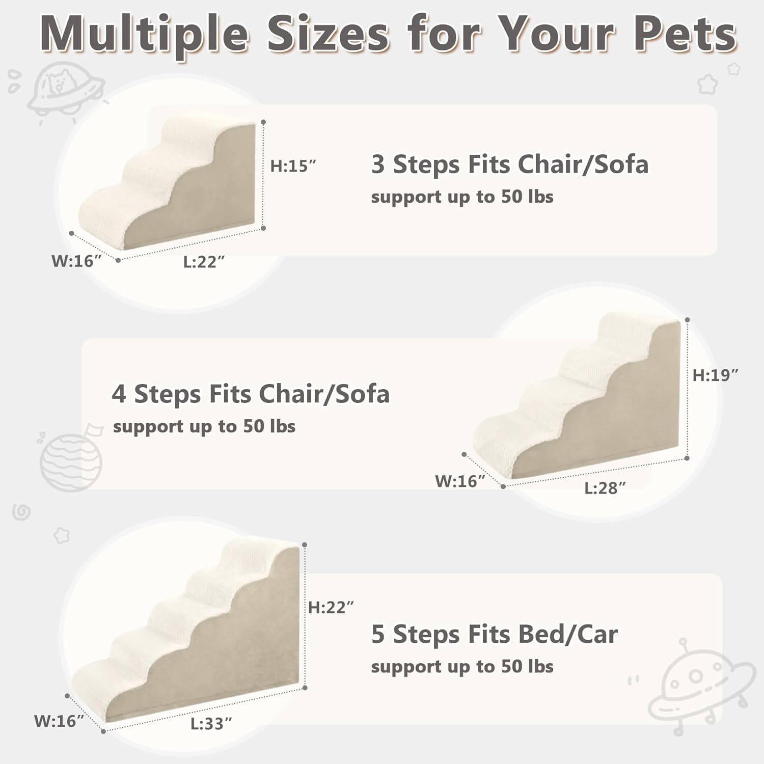 MIHIKK Dog Stairs Ramp, Curved 5-Step Dog Steps for Small Dogs and Cats, Pet Stairs for High Beds and Couch with Anti-Slip Washable Cover and Durable High Density Foam, Beige - Pet Explorer