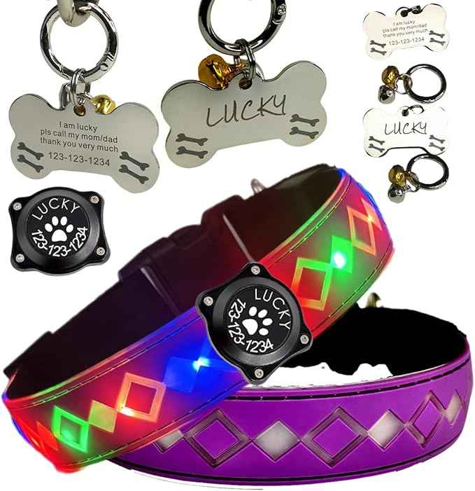 LED Dog Collar with AirTag Holder and Custom ID Tag, 15 Light Modes, Waterproof, Multiple Colors (PURPLE Pro, XL(19.7-23.6"))