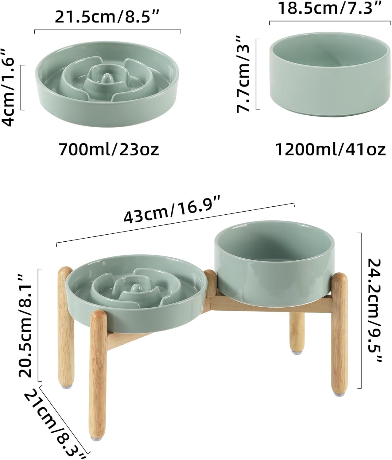 Ceramic Raised Slow Feeder Dog Bowl Set, Elevated 7.3inch Bowl and 8.2inch Puzzle Slow Dish with Wooden Stand for Medium and Large Dog, Anti-Gulping (2X Light Green+ Stand) - Pet Explorer