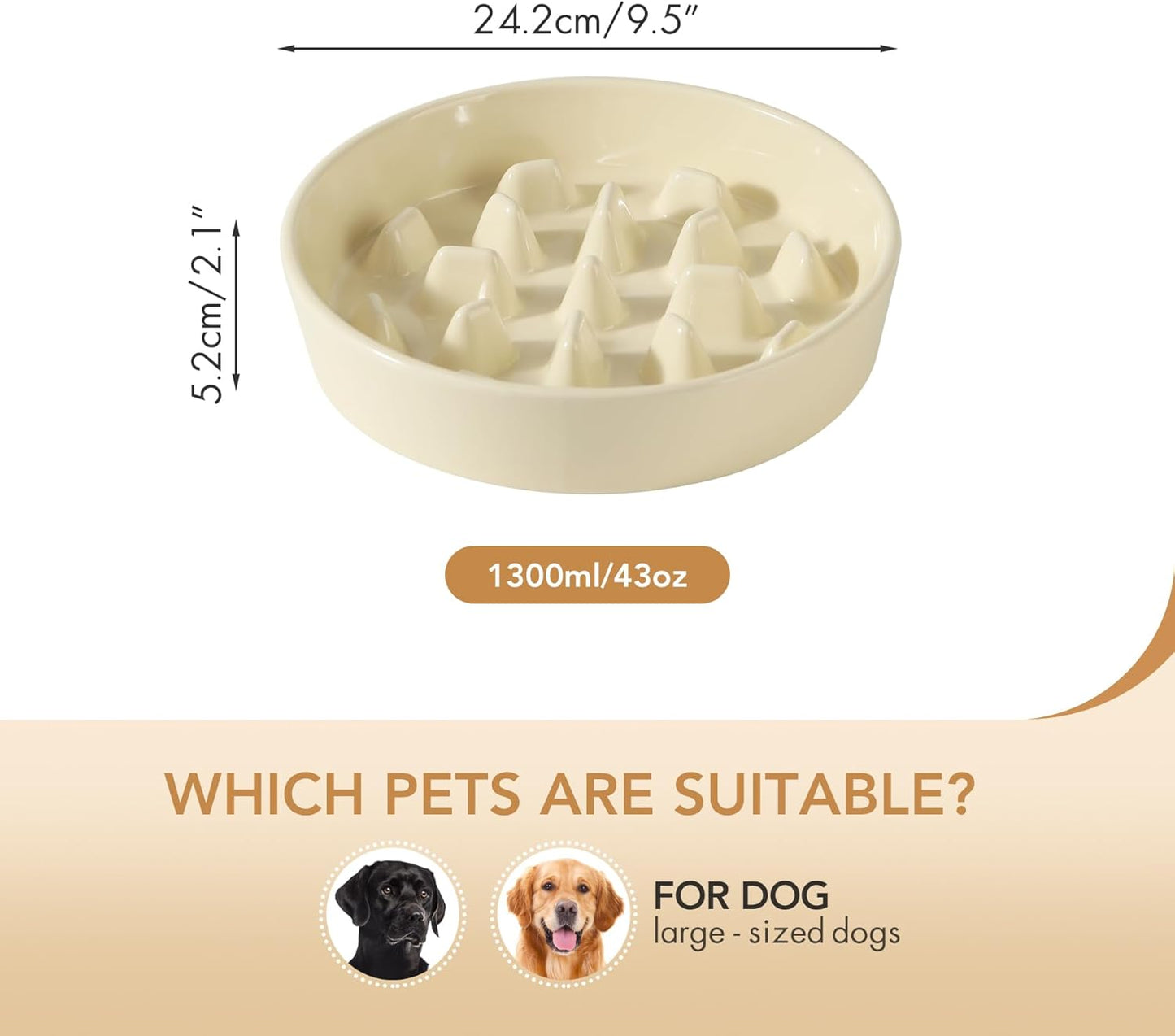 Ceramic 9.5 inch Dog Bowl Slow Feeder, Slow Pet Food Dish for Large Dog, Stop Bloat, Preventing Choking(Single Bowl, Beige) - Pet Explorer