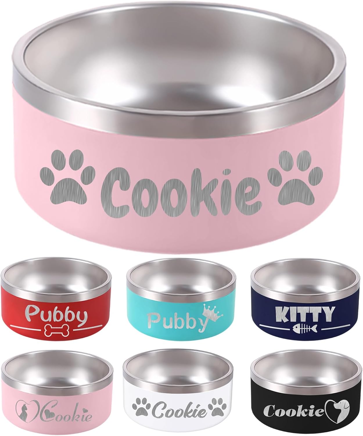 Personalized Dog Bowl Laser Engraved Custom Pet Name 18/32/42/64 oz No Slip Stainless Steel Insulated Bite-Resistant Food Water Dishes-Pink - Pet Explorer