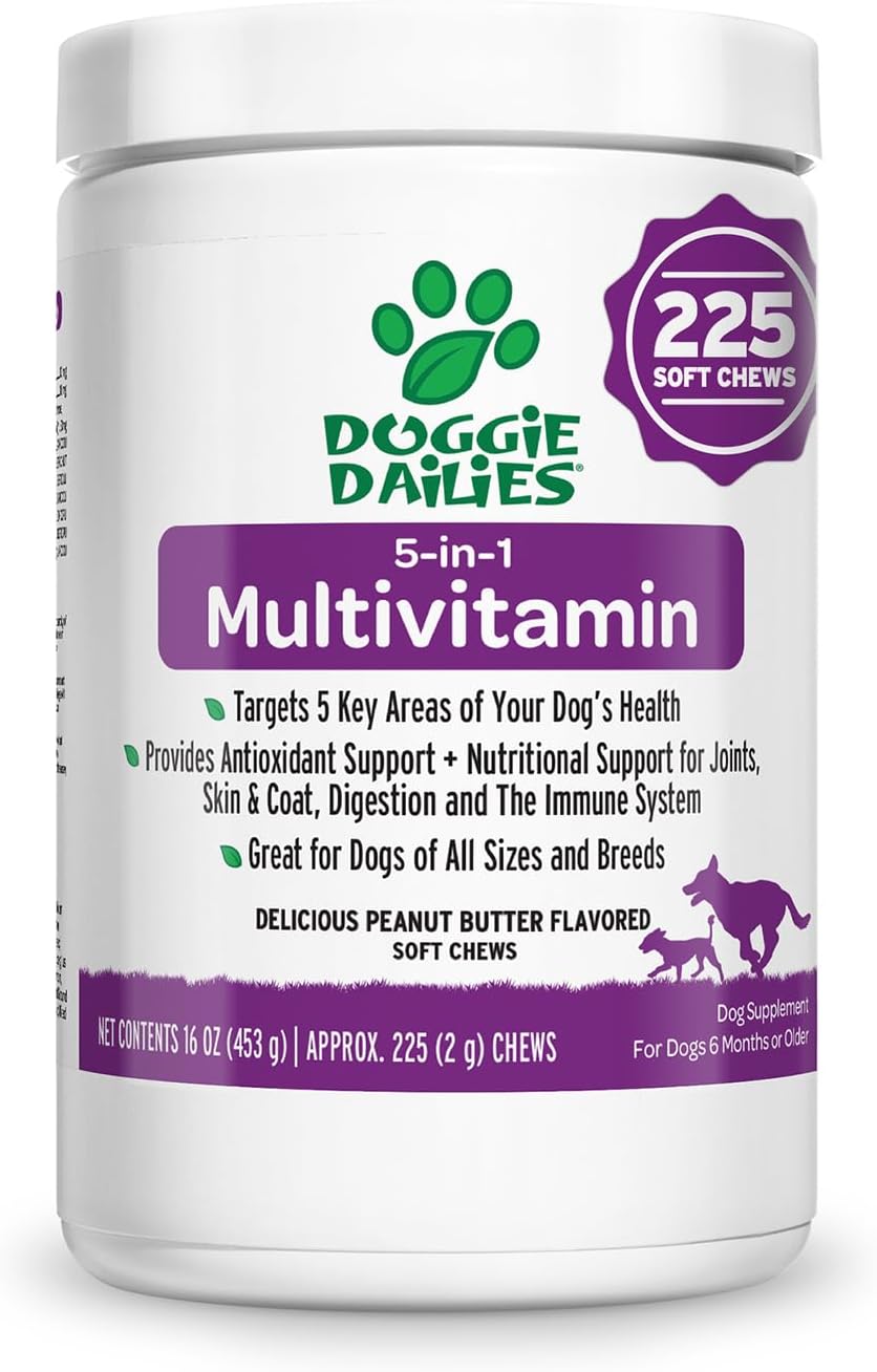 Doggie Dailies 5 in 1 Multivitamin for Dogs, Dog Multivitamin for Skin and Coat Health, Joint Health, Improved Digestion, Antioxidants, Support a Healthy Immune System (Peanut Butter) 225 Soft Chews - Pet Explorer