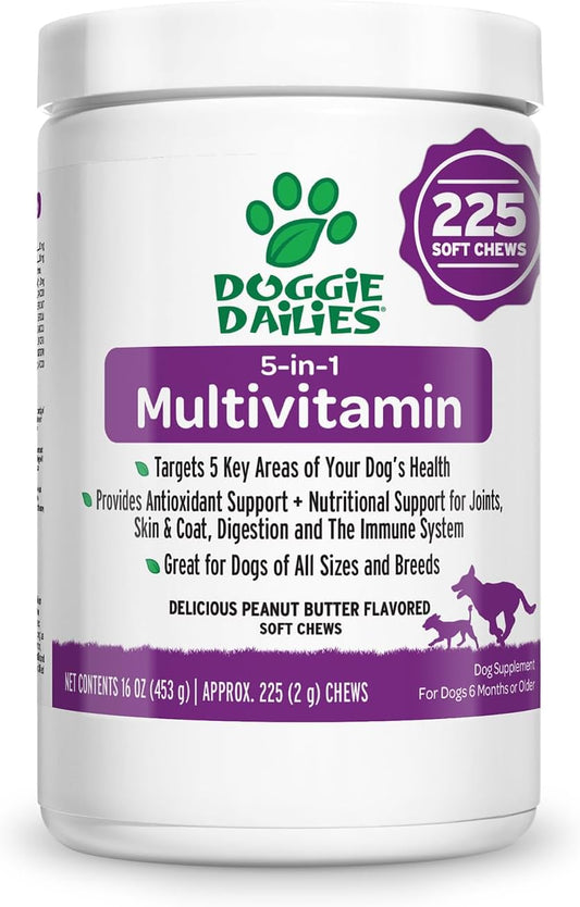 Doggie Dailies 5 in 1 Multivitamin for Dogs, Dog Multivitamin for Skin and Coat Health, Joint Health, Improved Digestion, Antioxidants, Support a Healthy Immune System (Peanut Butter) 225 Soft Chews - Pet Explorer