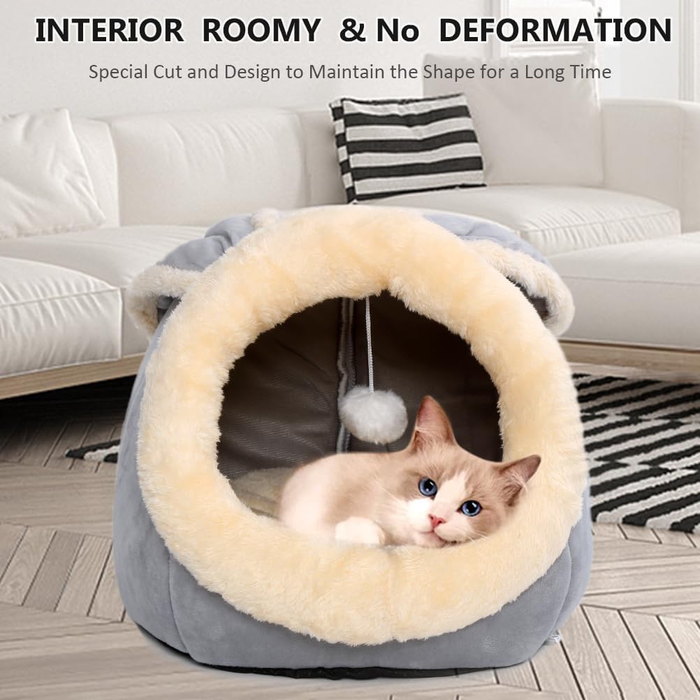 Cat Beds for Indoor Cats - Rabbit-Shaped Cat Cave Bed with Hanging Toy,Super Soft Calming Pet Bed for Kitten&Puppy,Small Dog,Warm Plush&Machine Washable&Removable Cotton Pad,Cat Hideaway(Grey M) - Pet Explorer