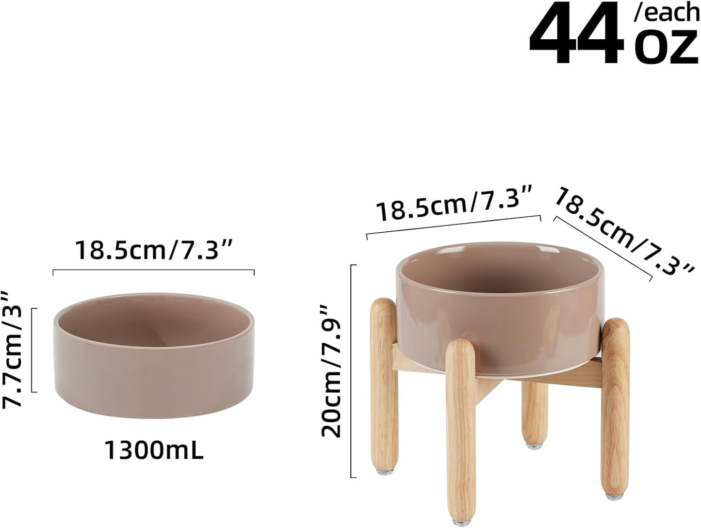 Ceramic 7.3inch Raised Dog Bowl Set, Elevated with Wooden Stand, Food and Water Bowl for Medium Breed Dogs, Weighted Dog Dishes, Pet Feeder(Brown Coffee) - Pet Explorer