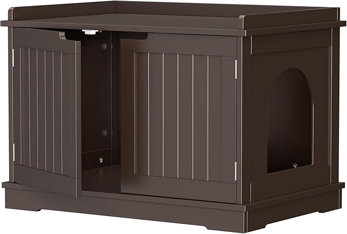 ZENY Cat Litter Box Enclosure Furniture Hidden, Wooden Cabinet with Divider, Modern Cat Washroom Storage Bench，Fit Most of Litter Box, Brown