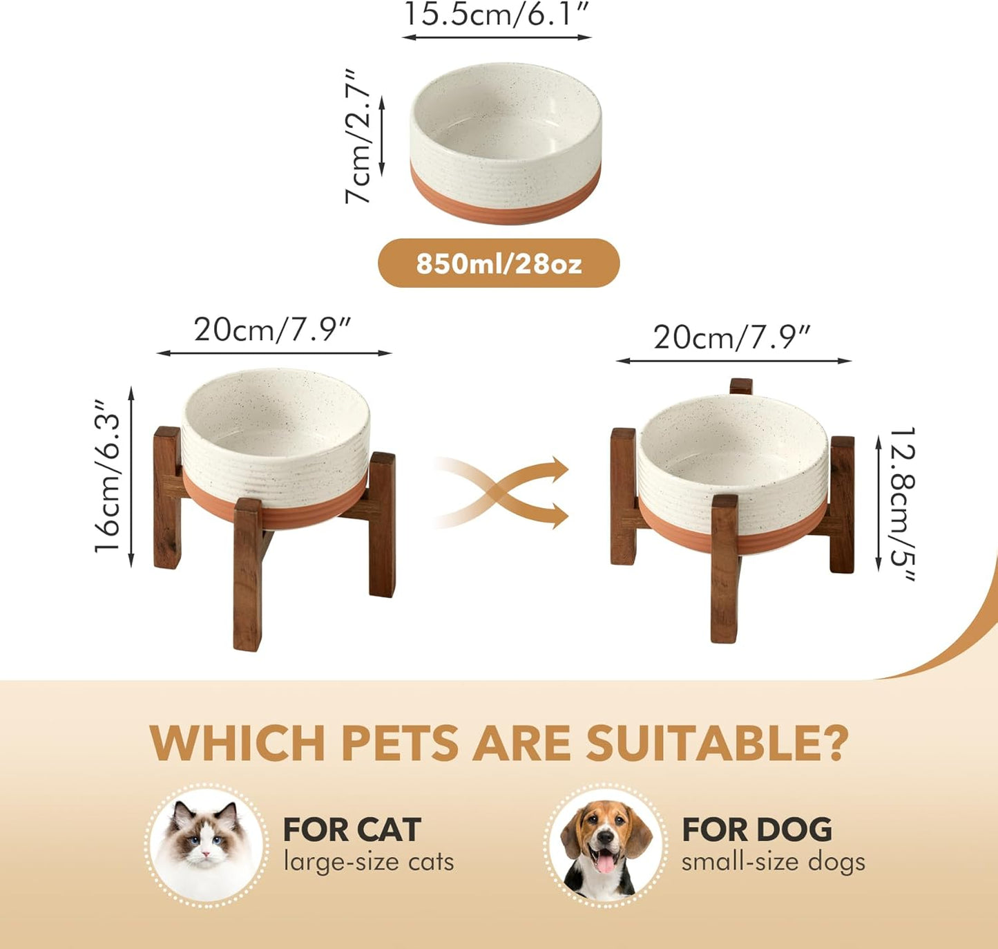 Ceramic 6.1inch Raised Dog and Cat Bowl Set, 2 Heights Elevated Wooden Stand for Small Breed Dogs, Weighted Pet Food and Water Dishes(6.1'',28.7oz, Vanilla White) - Pet Explorer