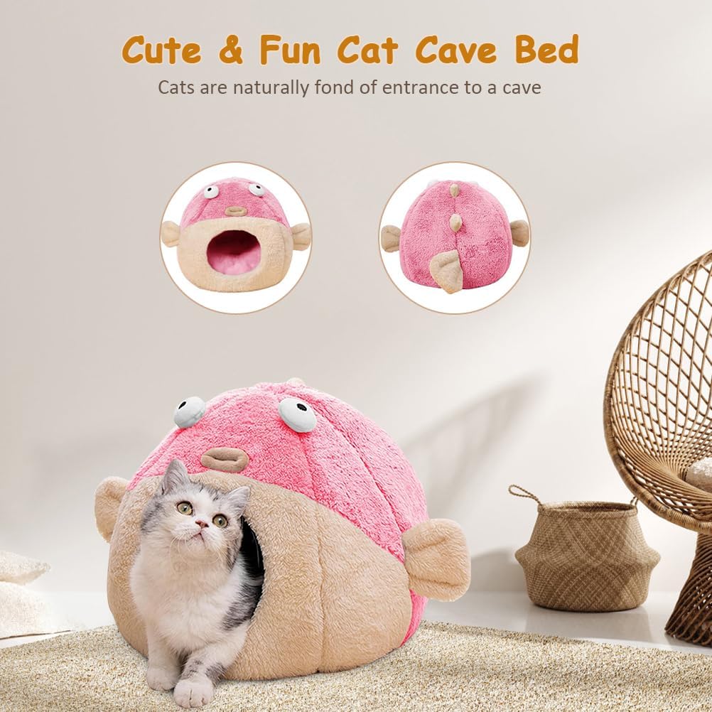 Cat Beds for Indoor Cats - Cat Bed Cave with Removable Washable Cushioned Pillow, Soft Plush Premium Cotton No Deformation Pet Bed, Lively Pufferfish Cat House Design, Pink, Multiple Sizes(M) - Pet Explorer