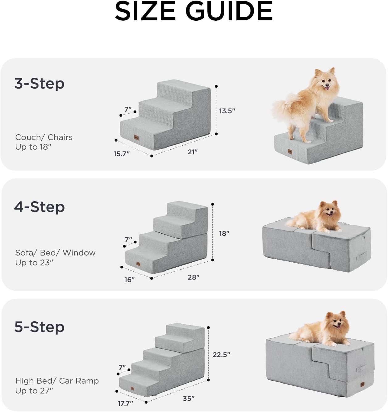 Made4Pets Dog Steps for Bed, Extra Wide Dog Stairs for High Bed Couch Sofa, 35D Foam Pet Steps for Small Dogs and Cats, Non-Slip Bottom Pet Stairs, Light Grey, 4 Steps - Pet Explorer