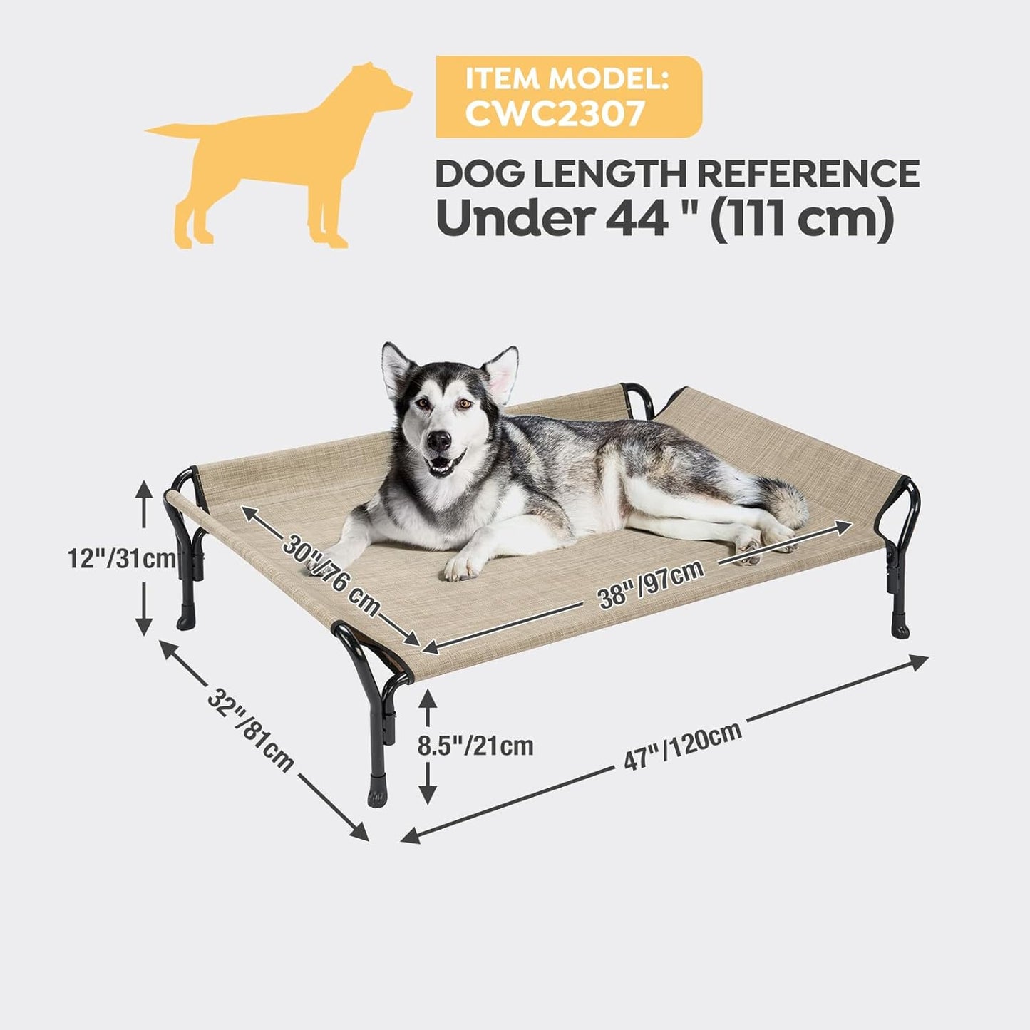 Veehoo Cooling Elevated Dog Bed, Raised Pet Cot with Guardrail & Slope Headrest, Durable Breathable Teslin Mesh, Non-Slip Feet, Washable Dog Couch Bed for Indoor & Outdoor, 47" x 32", Beige Coffee - Pet Explorer