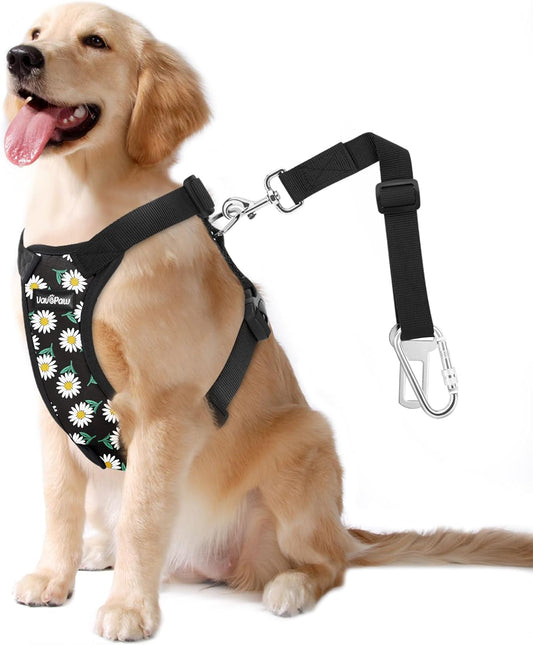 Dog Seat Belt, Safety Vest Dog Car Harness with Adjustable Buckle Dog Seat Belt for Vehicle Nylon Pet Safety Seat Belts Heavy Duty(L, Black Daisy) - Pet Explorer